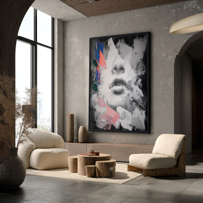 Large framed abstract painting in a minimalist room with concrete walls and low-profile cream furniture.