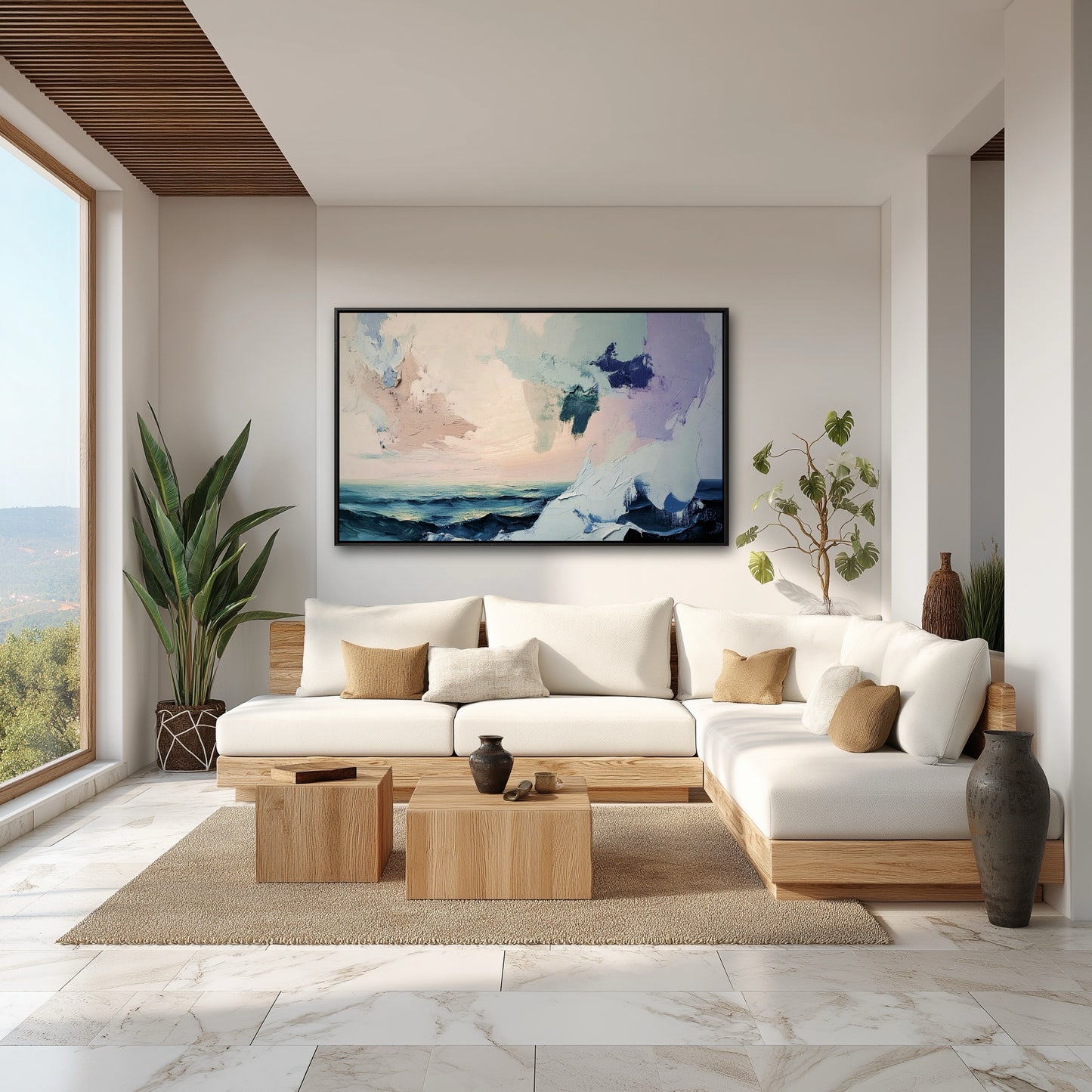 Bright, minimalist living room with a low wood sofa and marble floors, displaying a large abstract seascape by a window.