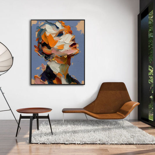 Vibrant expressionist art in a spacious, bright, minimalist luxury interior with neutral furniture, sheer curtains, and wood paneling.