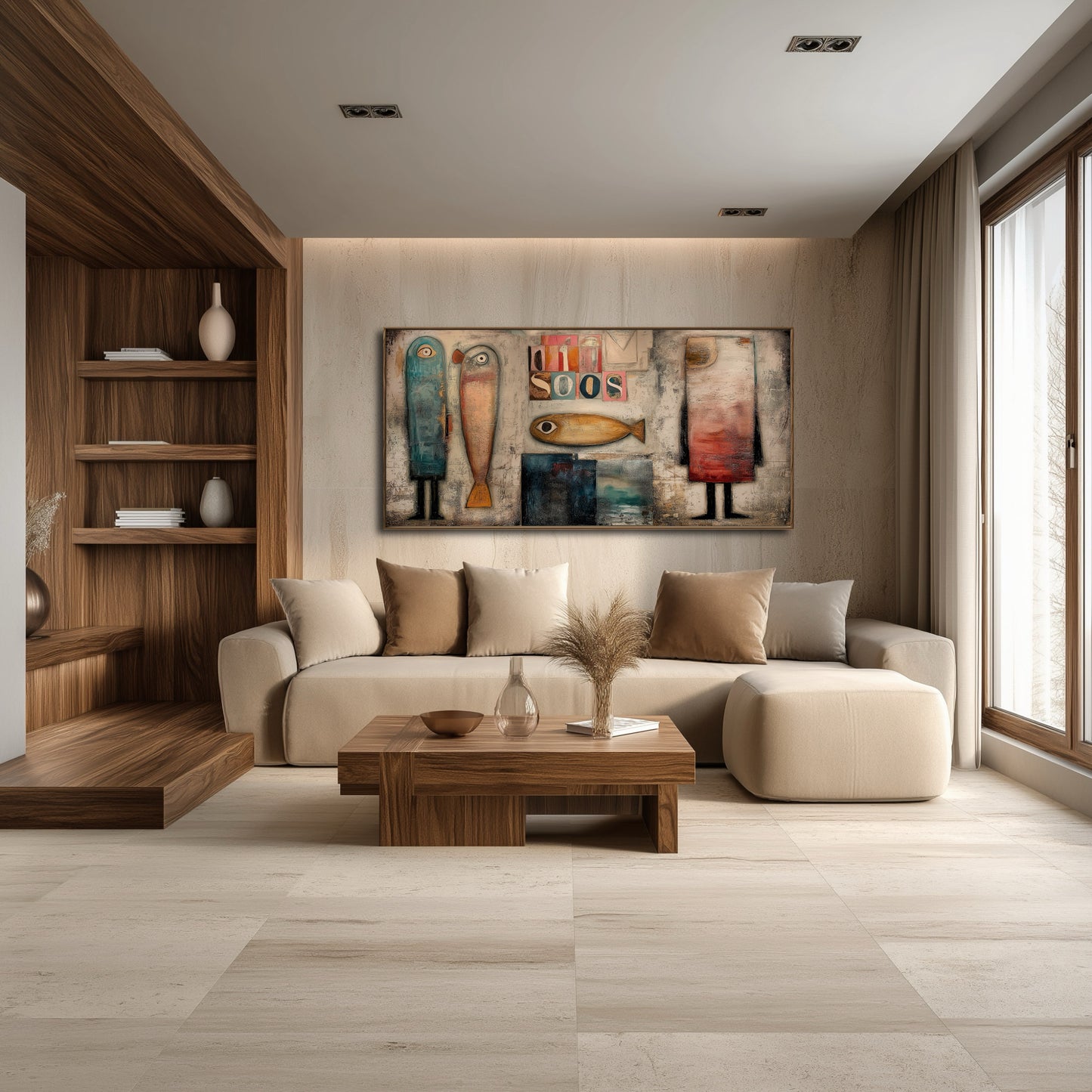 Abstract folk art introduces whimsy above a beige sofa in a cozy, contemporary room with integrated wood shelving and soft, ambient lighting.