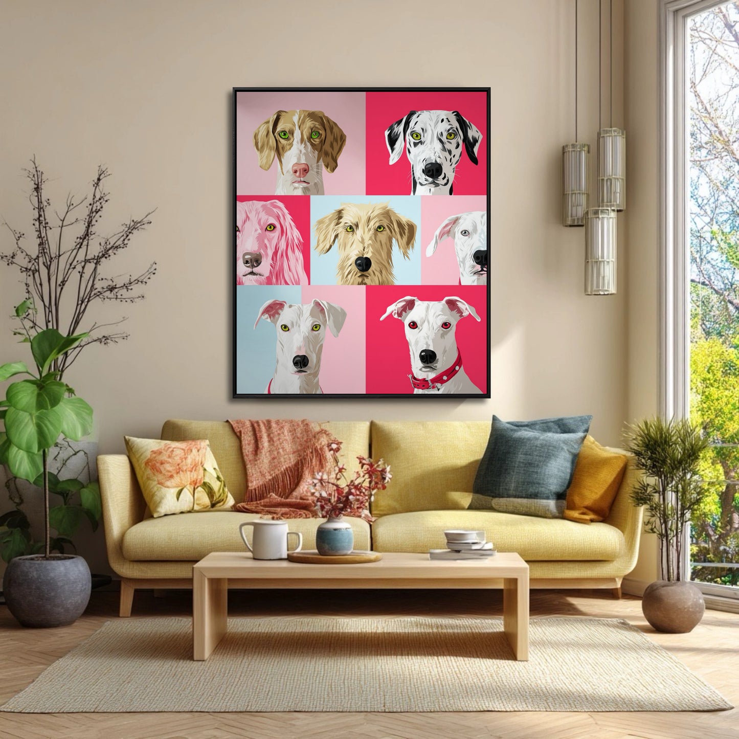 Bold pop art dog grid anchors a contemporary living room with a yellow sofa, wood table, and natural light. Balanced, neutral vibe.