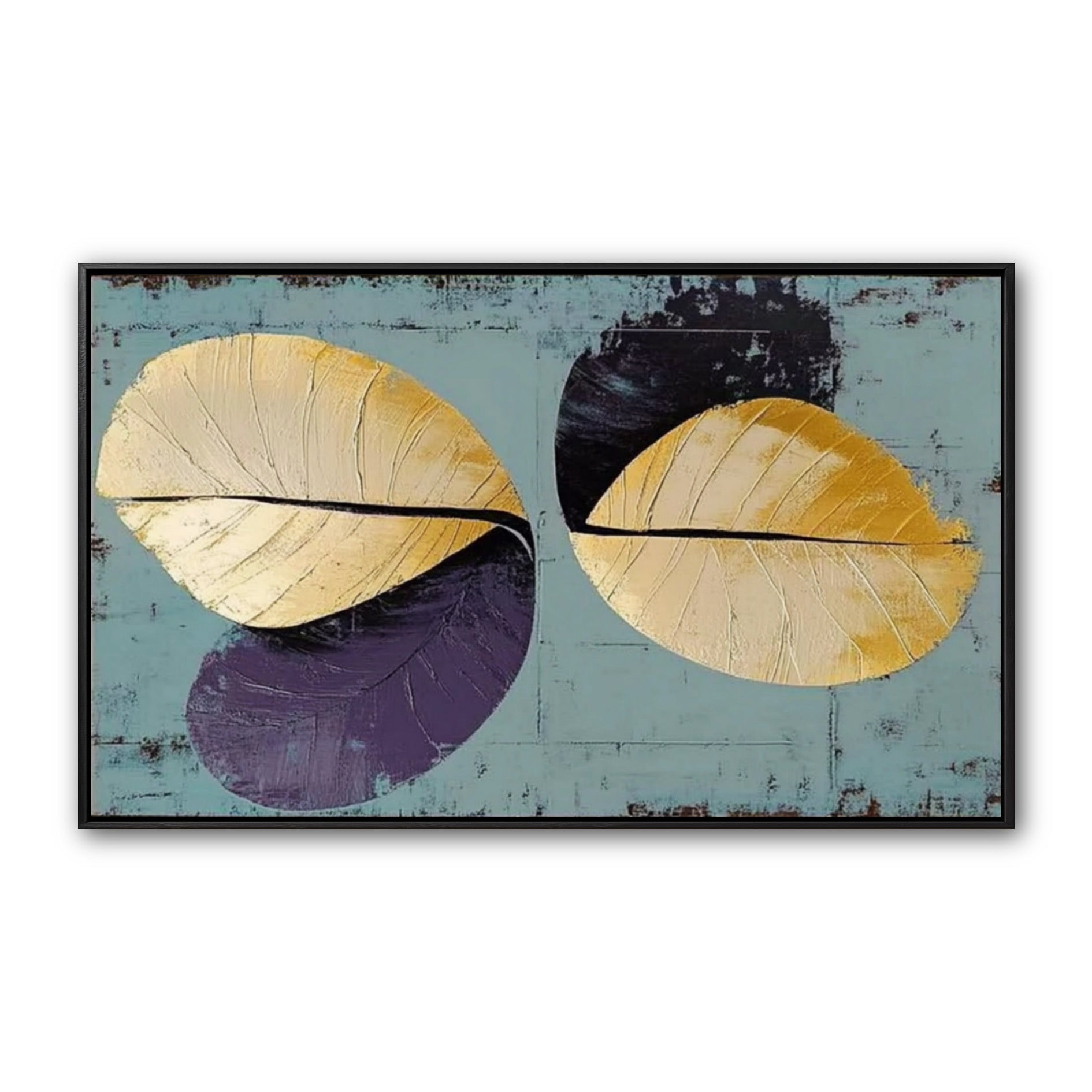 Original abstract leaf painting. Textured gold & purple leaves on a distressed, cool-toned blue background. Modern botanical art.