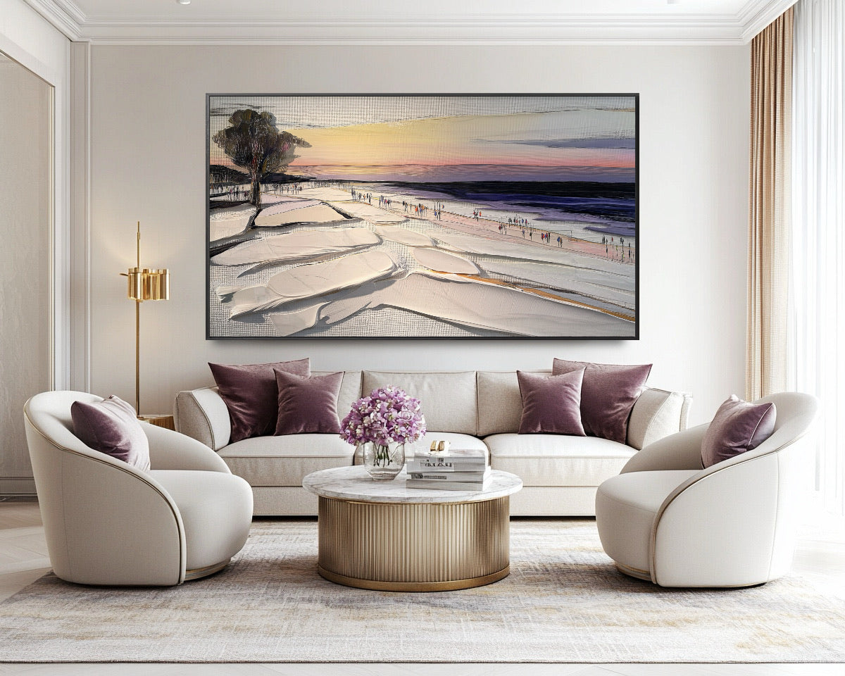 Original textured sunset beach painting centered above a luxurious cream sofa with plush velvet purple pillows, adding a serene and elegant focus.