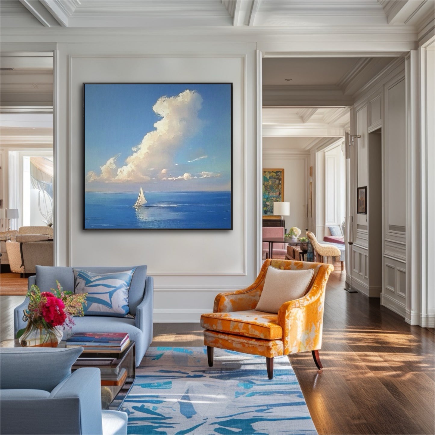 Formal living room with an orange armchair and white molding, featuring a large, framed sailboat painting as wall art.