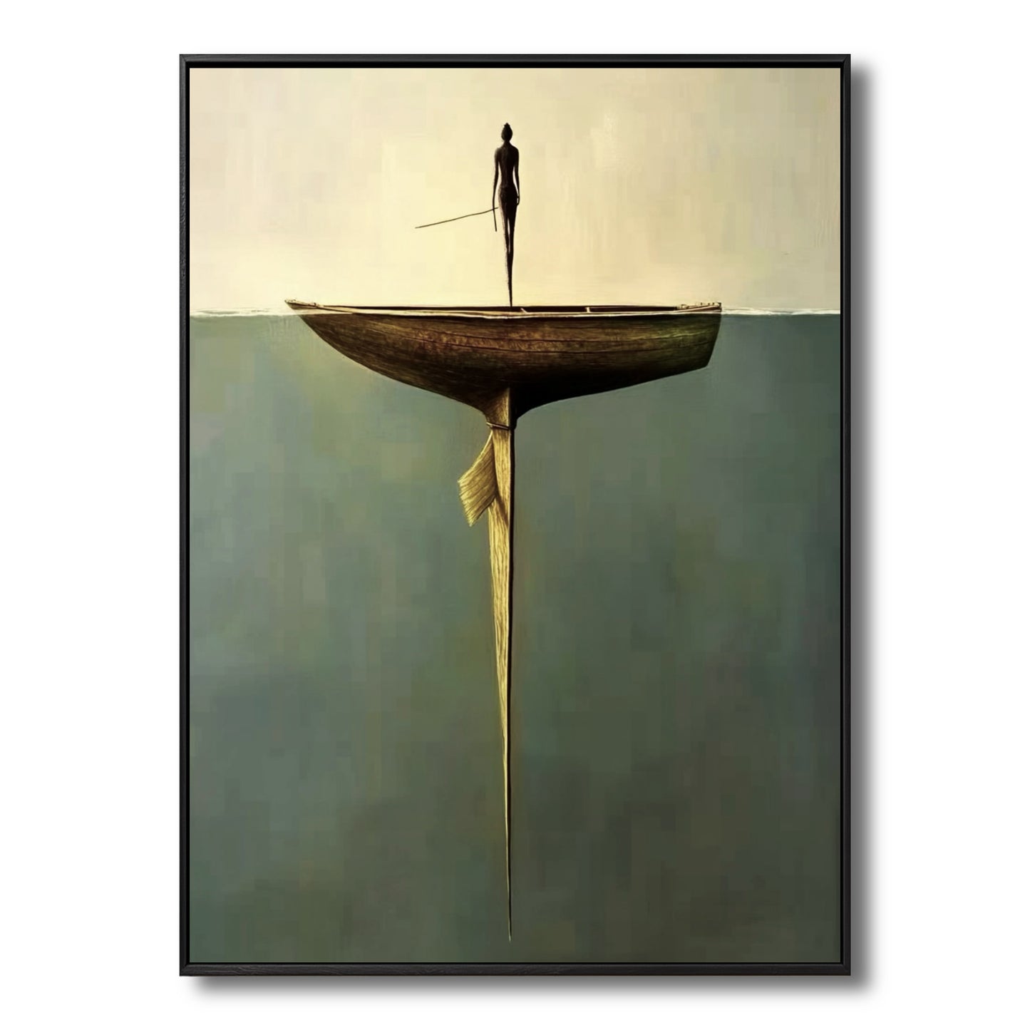 Original surreal painting of a figure on a boat. Balanced-tone, with cool teal water and a warm sky. Modern, contemplative art.