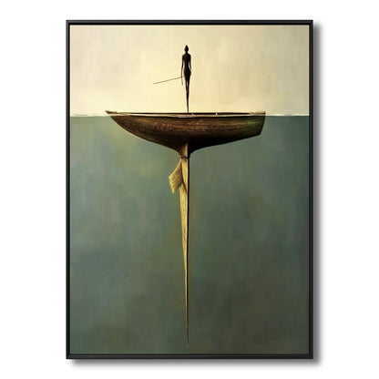 Original surreal painting of a figure on a boat. Balanced-tone, with cool teal water and a warm sky. Modern, contemplative art.