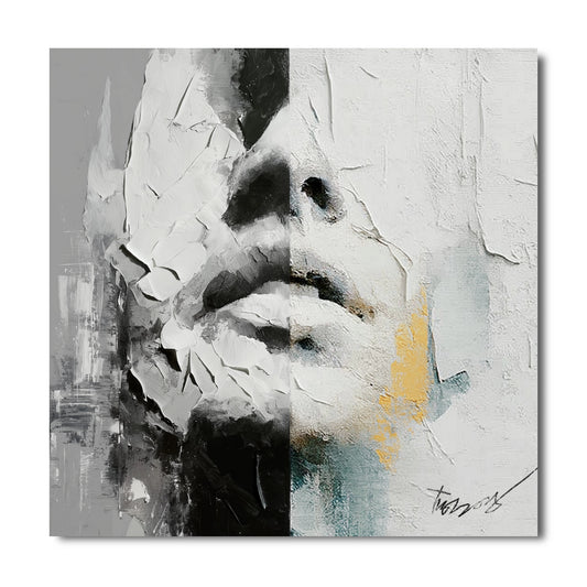 Abstract face oil painting with gold and teal accents. Textured modern art. Contemporary, expressive portrait for sale.