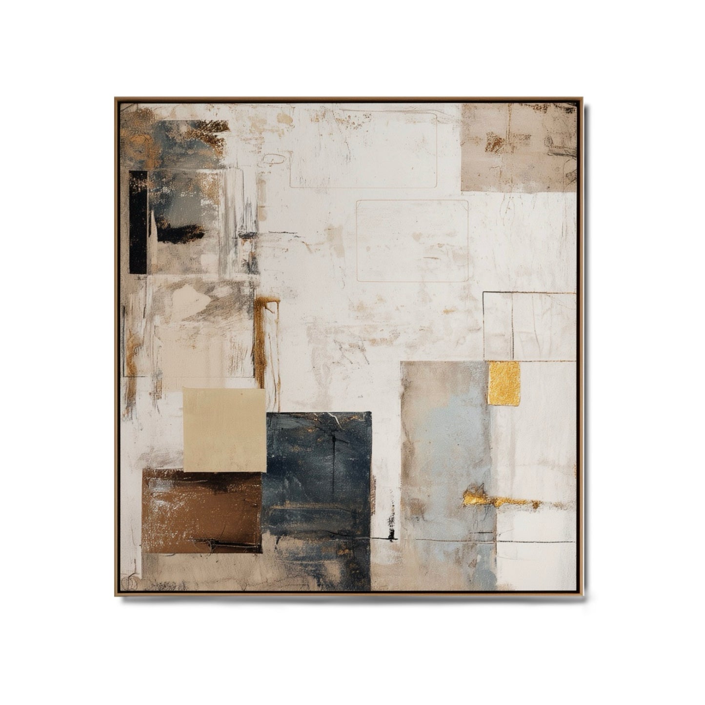 An elegant abstract hand-drawn oil painting: a square geometric landscape in rustic strokes, warm, and beige tones.