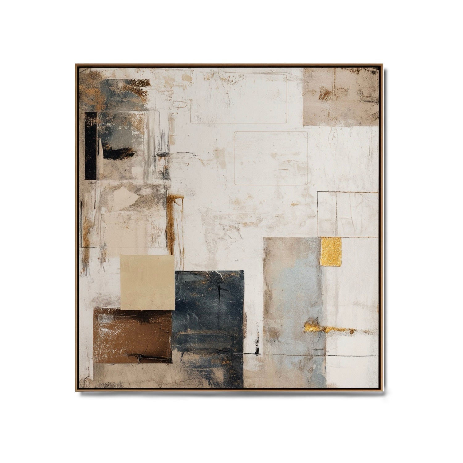 An elegant abstract hand-drawn oil painting: a square geometric landscape in rustic strokes, warm, and beige tones.