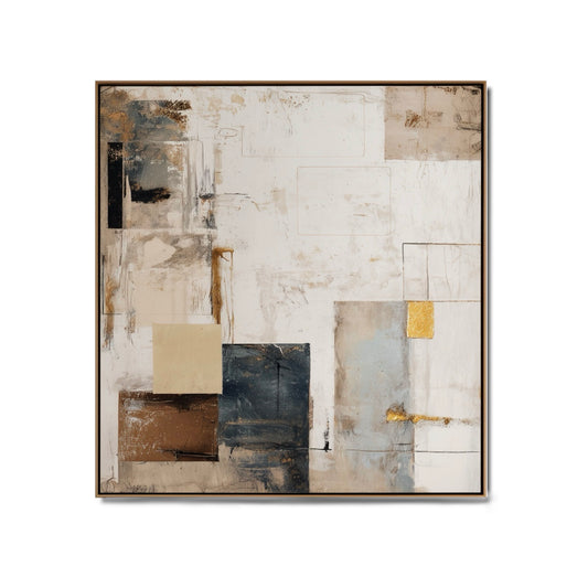 An elegant abstract hand-drawn oil painting: a square geometric landscape in rustic strokes, warm, and beige tones.