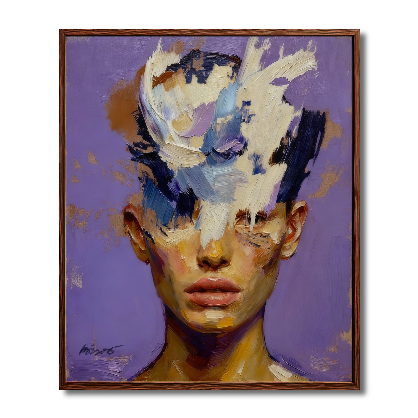 Original framed oil painting of a woman's portrait. Her eyes are obscured by thick, abstract white and blue paint strokes.