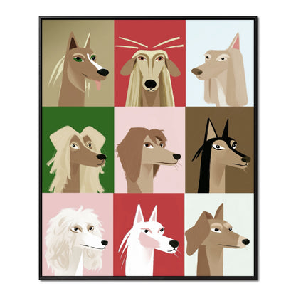 Original, neutral-warm pop art dog portrait grid; promoting expressive style, high contrast, and a calm yet lively atmosphere.