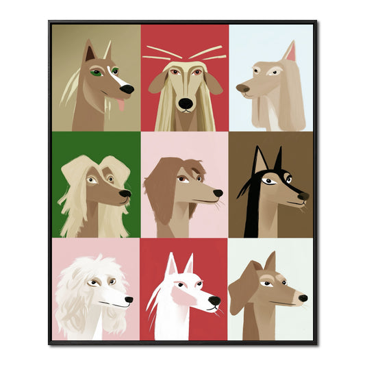 Original, neutral-warm pop art dog portrait grid; promoting expressive style, high contrast, and a calm yet lively atmosphere.