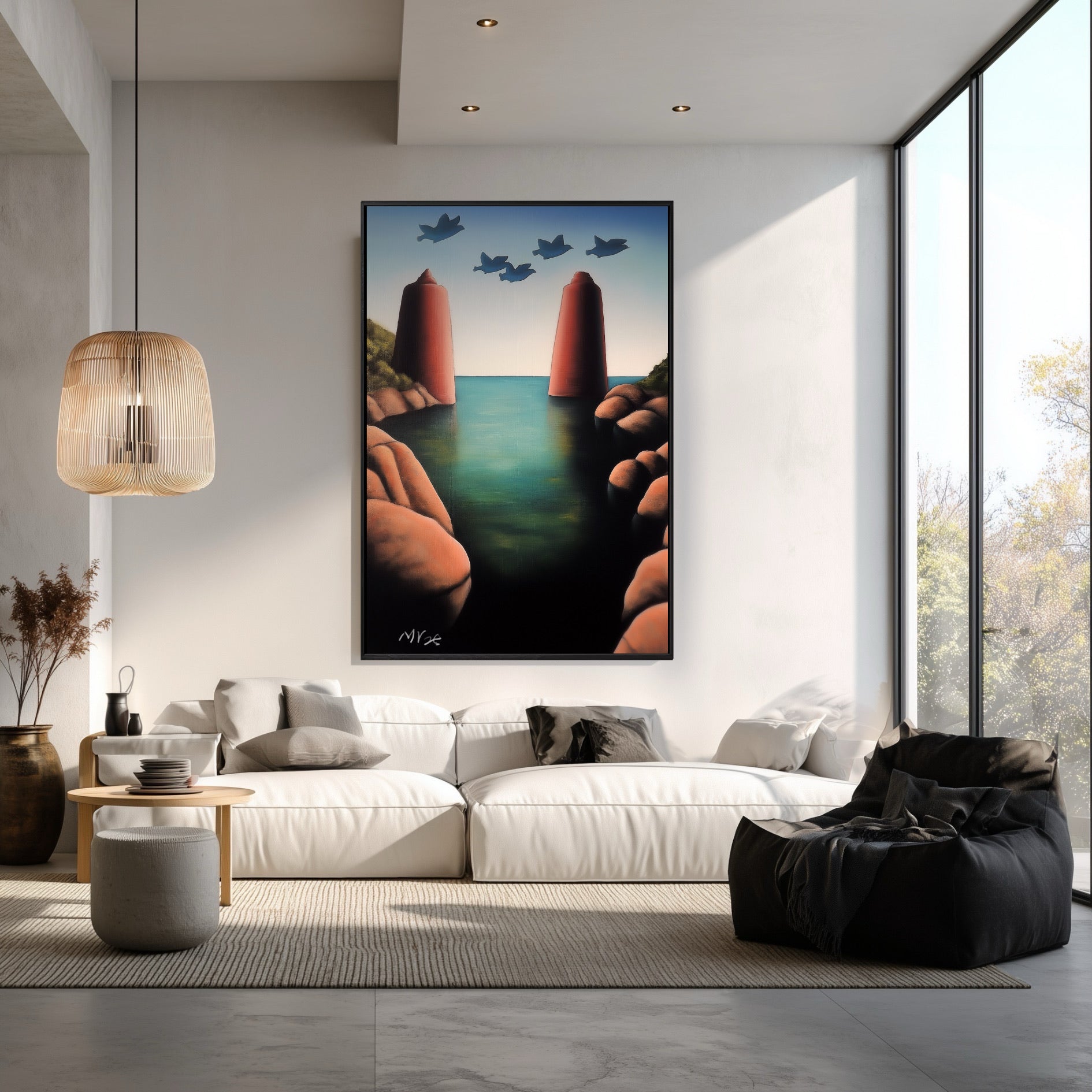 Whimsical coastal painting enhances the relaxing, organic vibe of a bright lounge with a textured rattan pendant lamp.