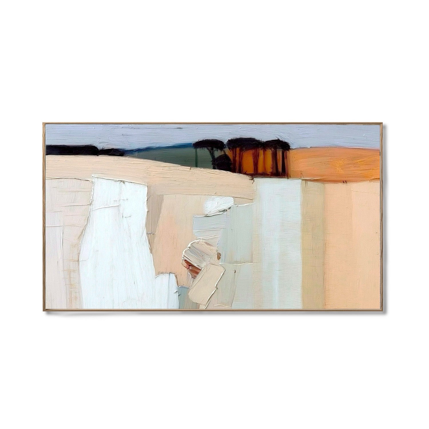 Original abstract landscape painting; modern impasto fine art with warm-neutral tones of cream, beige, blush, and hints of green and brown.