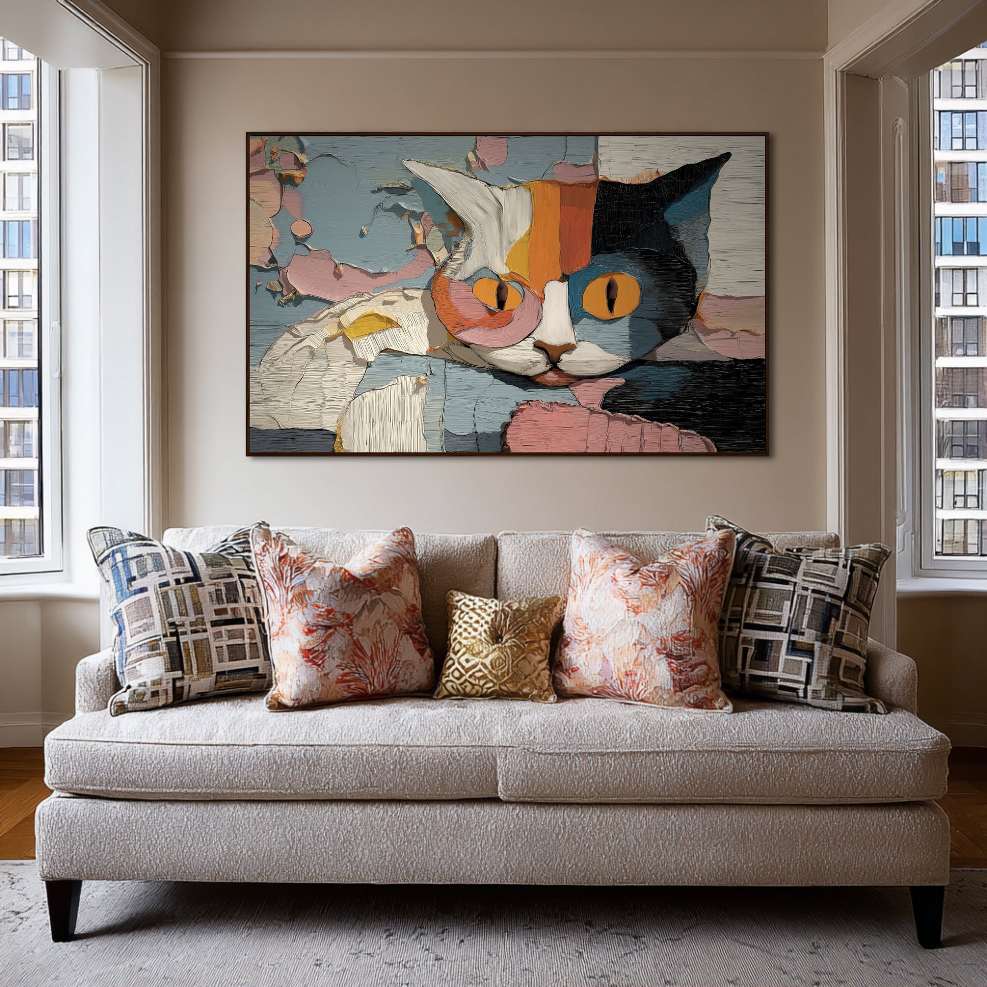 Colorful Calico cat portrait enhancing a light, neutral sofa and large windows, adding a modern, artistic touch to an elegant room.