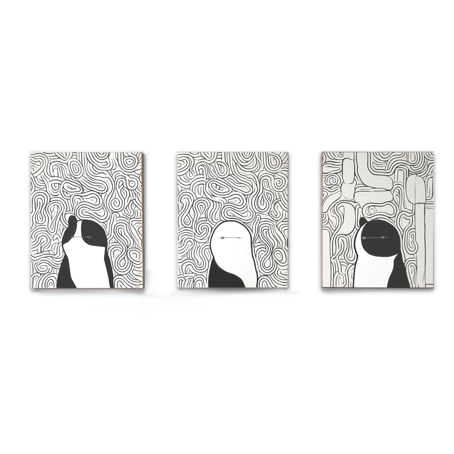 Original abstract monochromatic cat art triptych, modern black and white scribble feline painting set, minimalist style.