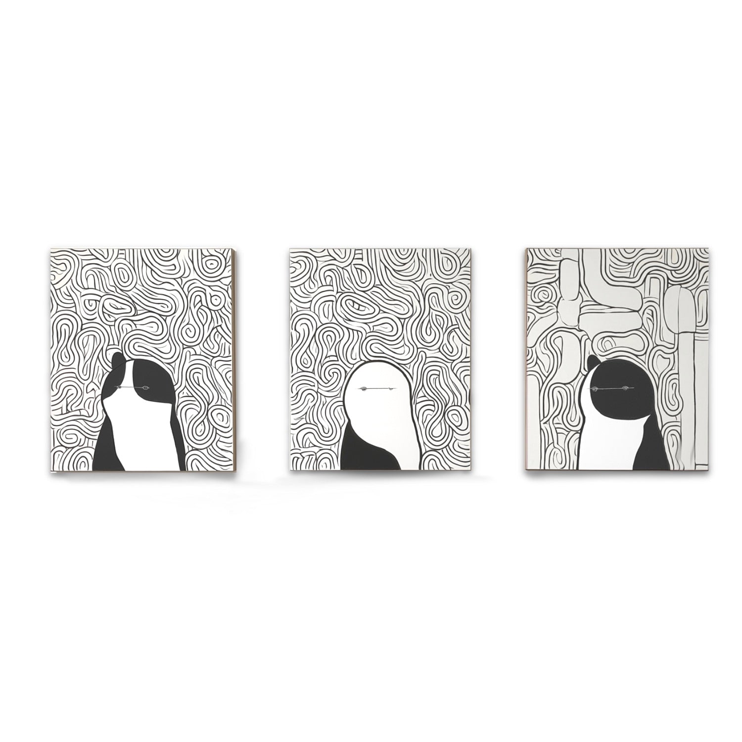 Original abstract monochromatic cat art triptych, modern black and white scribble feline painting set, minimalist style.