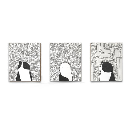 Original abstract monochromatic cat art triptych, modern black and white scribble feline painting set, minimalist style.