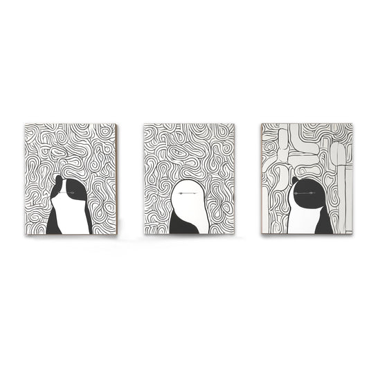 Original abstract monochromatic cat art triptych, modern black and white scribble feline painting set, minimalist style.