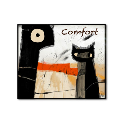 Original abstract painting titled "Comfort," featuring two black, expressive figures and a bold orange stripe in a modern style.
