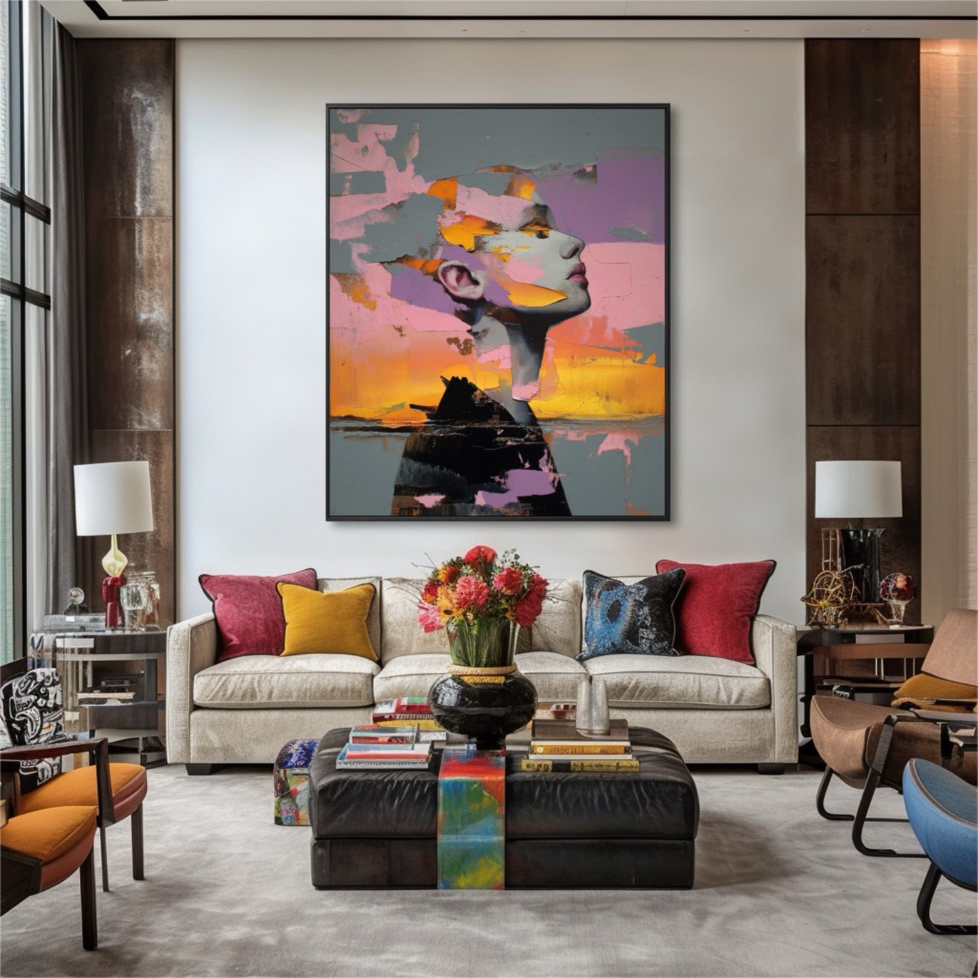 Striking abstract painting as a statement piece in an eclectic living room featuring a cream sofa, colorful cushions, and a large leather ottoman, enhancing stylish decor.