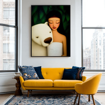 Original oil painting pops in a vibrant, high-contrast living room. Mustard yellow sofa, large city windows, and a modern mid-century aesthetic.