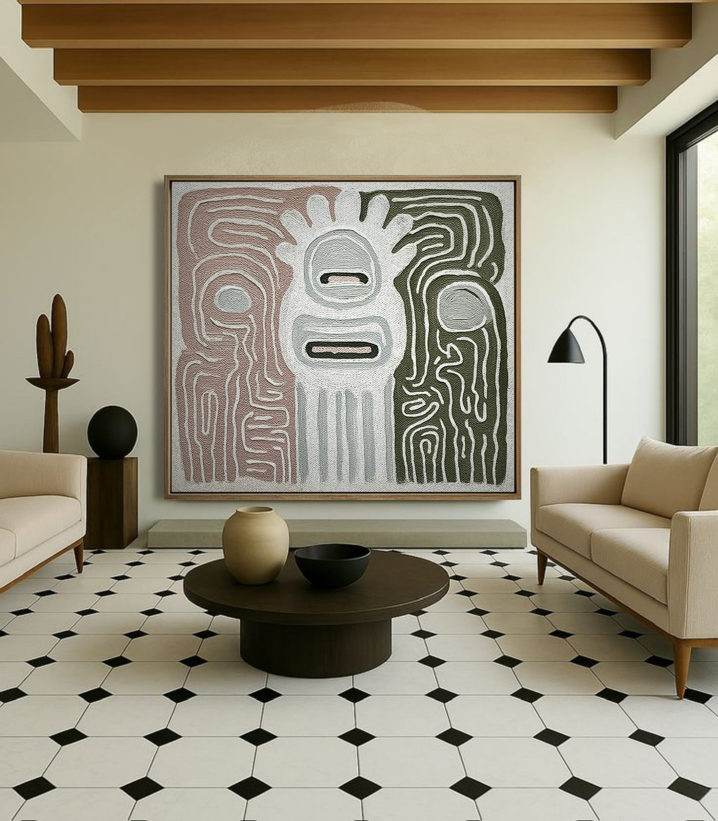Oversized textured artwork in a spacious room with exposed wood beams and a striking black and white checkerboard floor.