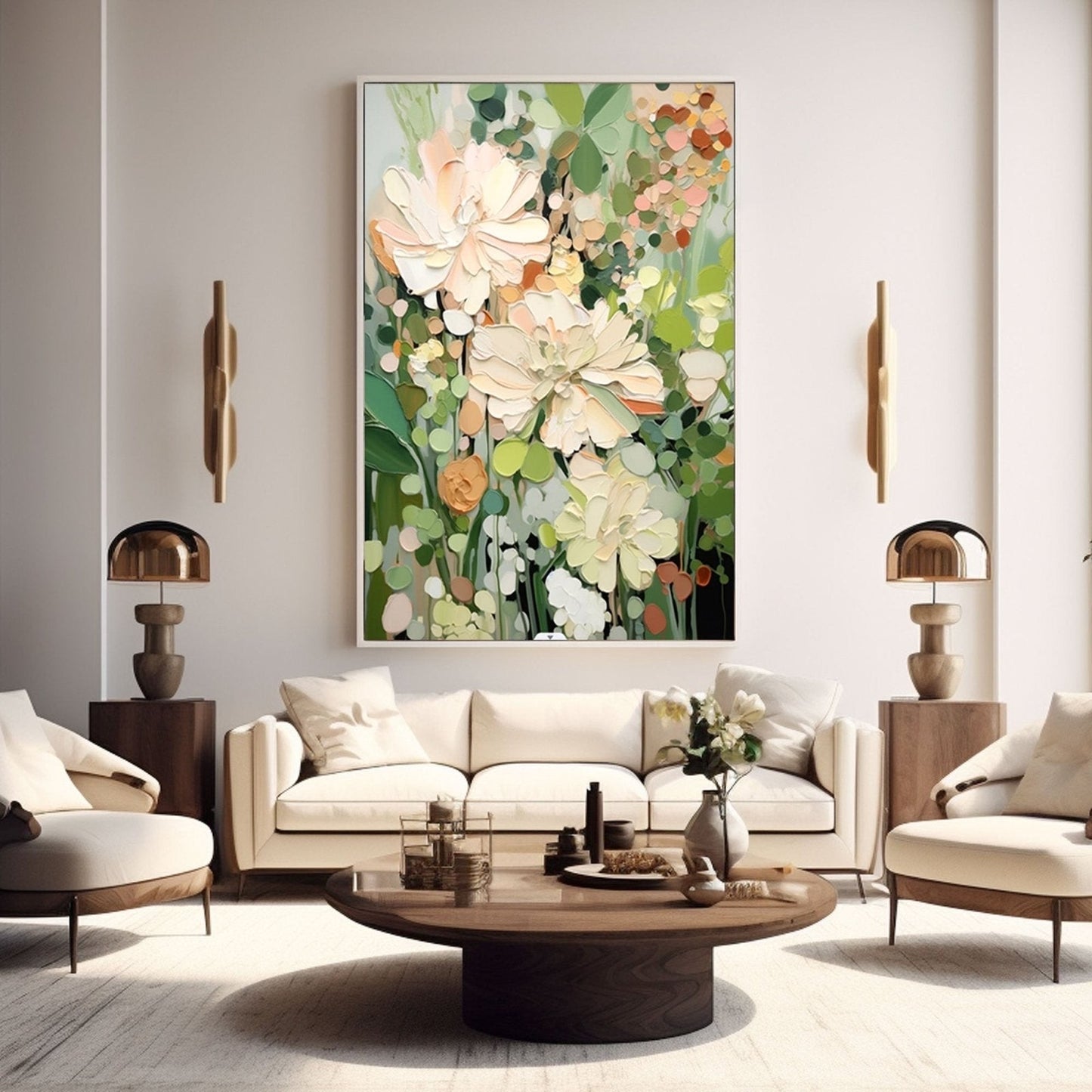 Original textured floral art complements the clean lines and warm wood accents of the mid-century modern seating area, bringing natural warmth.