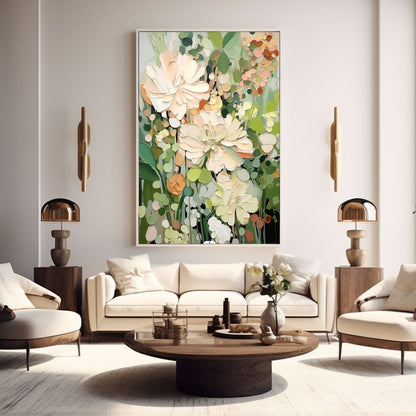 Original textured floral art complements the clean lines and warm wood accents of the mid-century modern seating area, bringing natural warmth.
