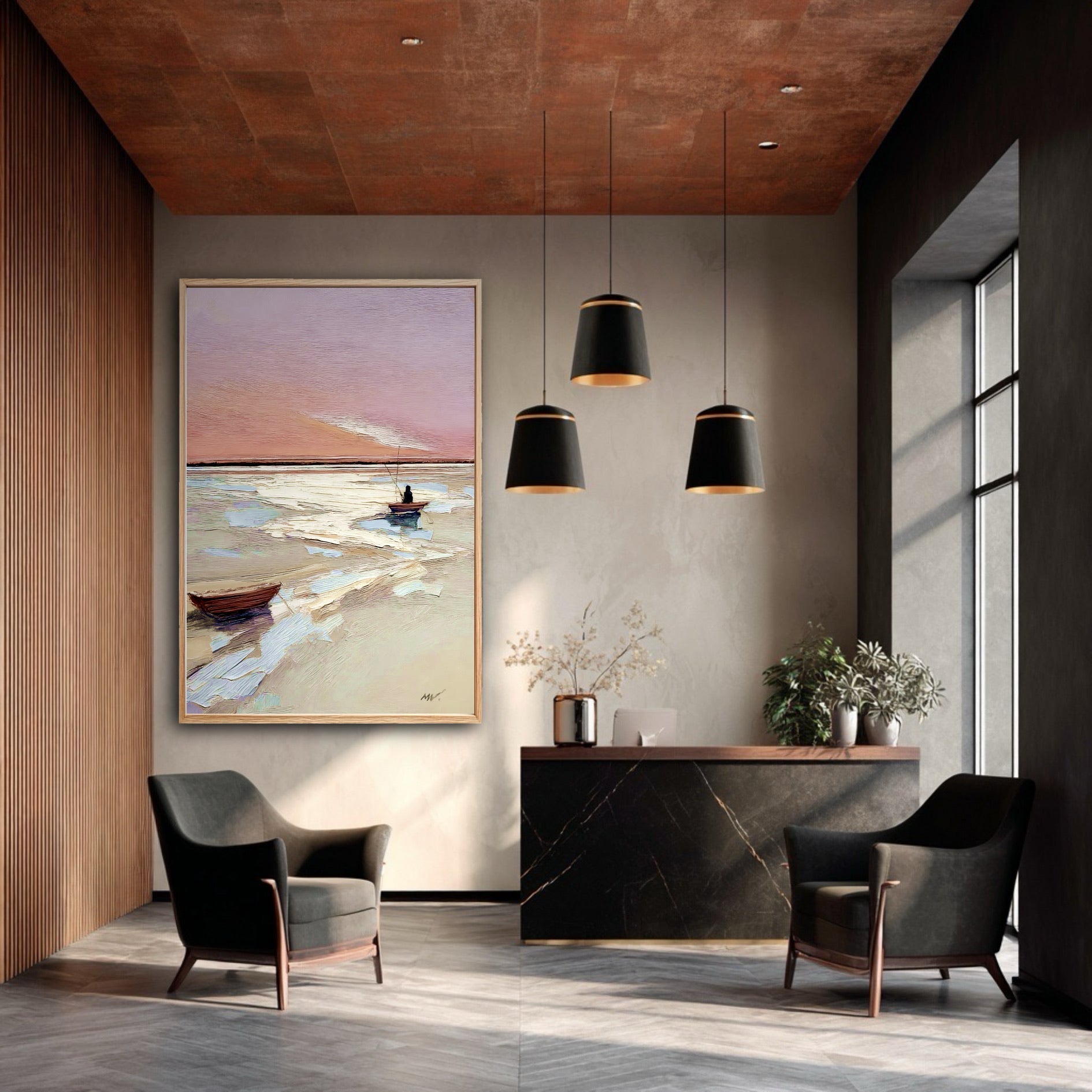 The painting's soft pink sky provides a light, serene contrast to the dark wood walls and black marble desk in this moody, modern room.