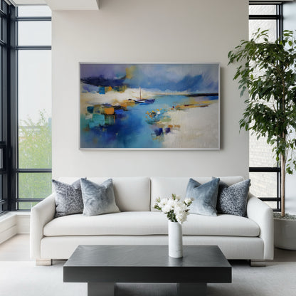 Dynamic abstract art creating a dramatic focal point above the white sofa, contrasting the sleek, neutral luxury of the city apartment.