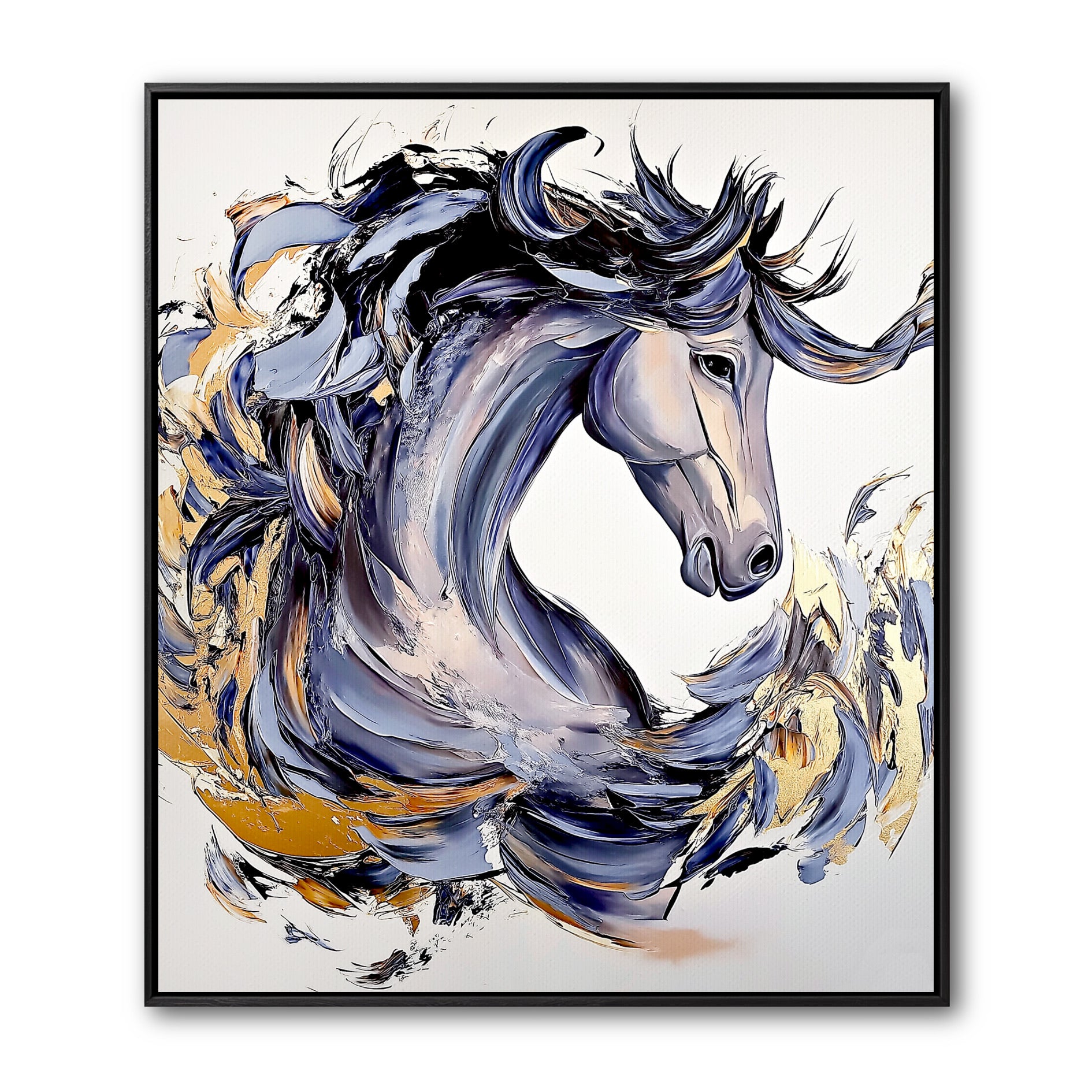 Original abstract horse painting. Textured blue, purple, and gold strokes create a dynamic, majestic vibe.