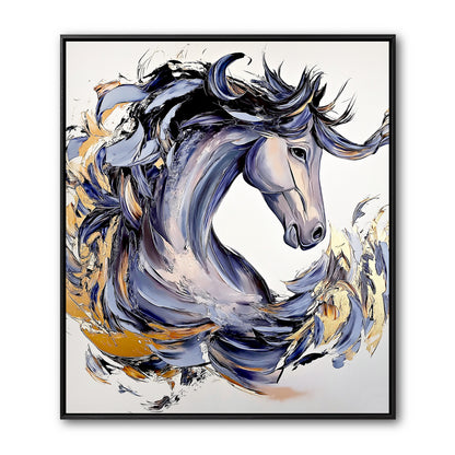 Original abstract horse painting. Textured blue, purple, and gold strokes create a dynamic, majestic vibe.