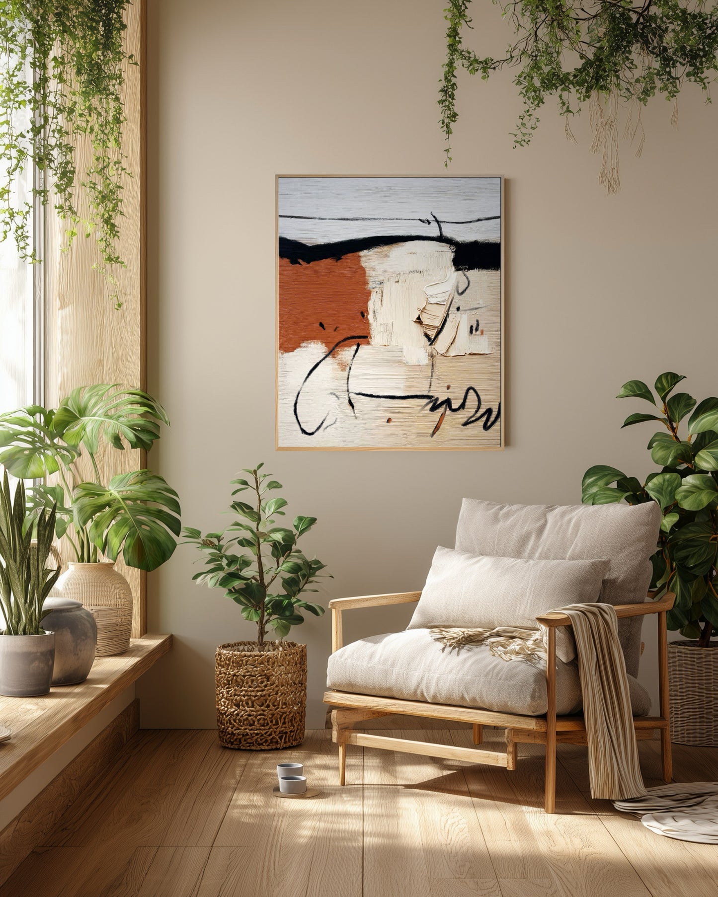 Vibrant original abstract art enhances a cozy, plant-filled reading nook with natural light and a light wood armchair.