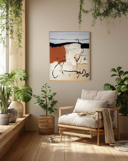 Vibrant original abstract art enhances a cozy, plant-filled reading nook with natural light and a light wood armchair.