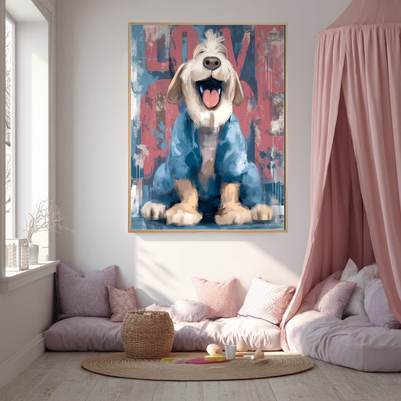 Happy dog painting hangs above a cozy floor bed with pink canopy and cushions. Perfect for a whimsical, feminine, or child's space.