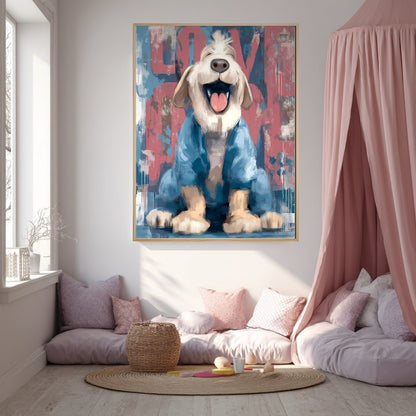 Happy dog painting hangs above a cozy floor bed with pink canopy and cushions. Perfect for a whimsical, feminine, or child's space.