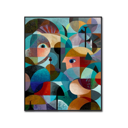 Original abstract geometric portrait painting. Cubist-inspired circles and squares in a vibrant, balanced cool and warm color palette.