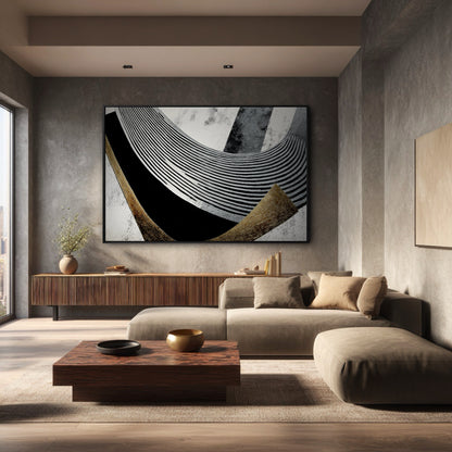 Horizontal abstract op-art on a concrete wall in a moody, industrial-style living room above a wood media console.