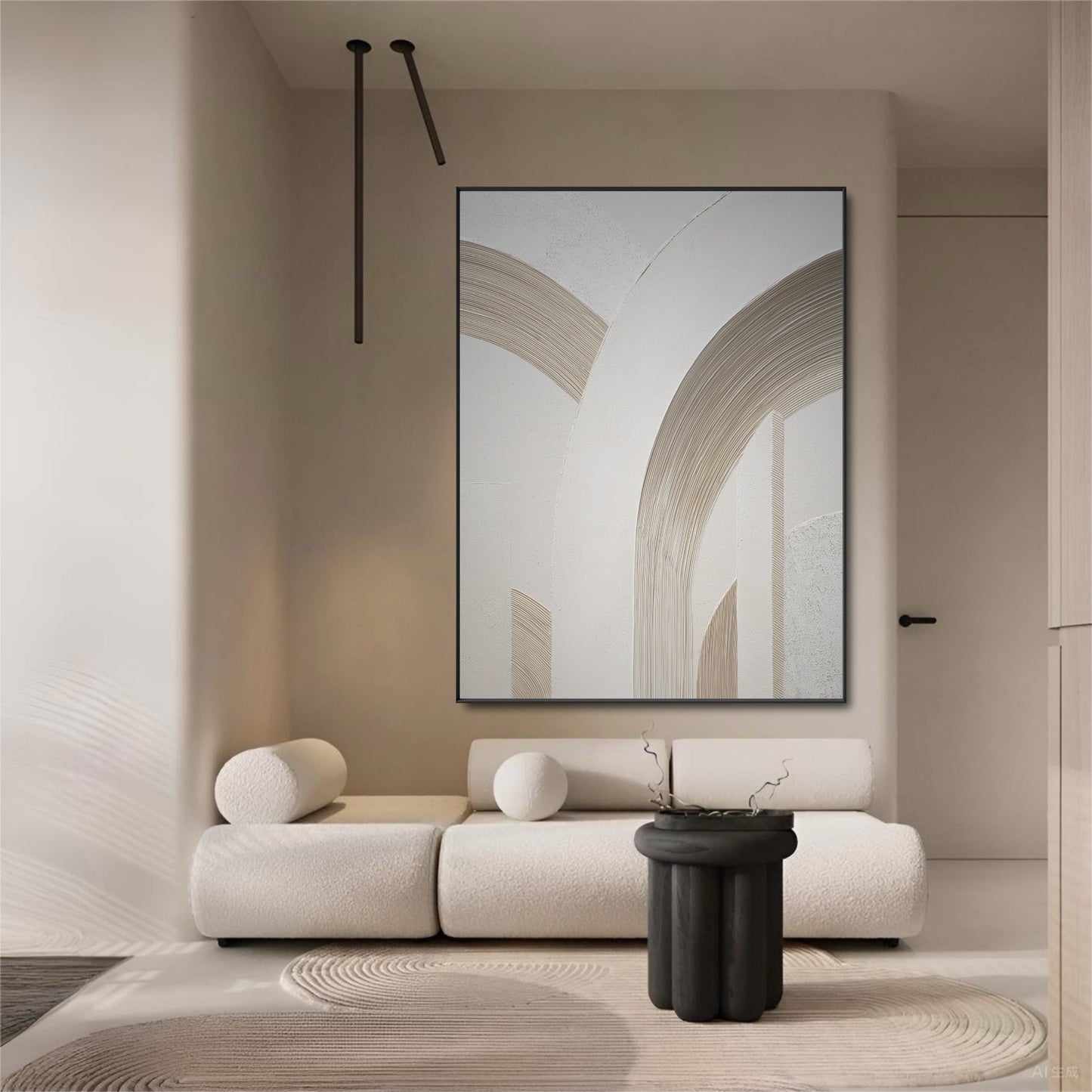 Large abstract arch art in an ultra-minimalist room with a white bouclé sofa and a stark black side table.