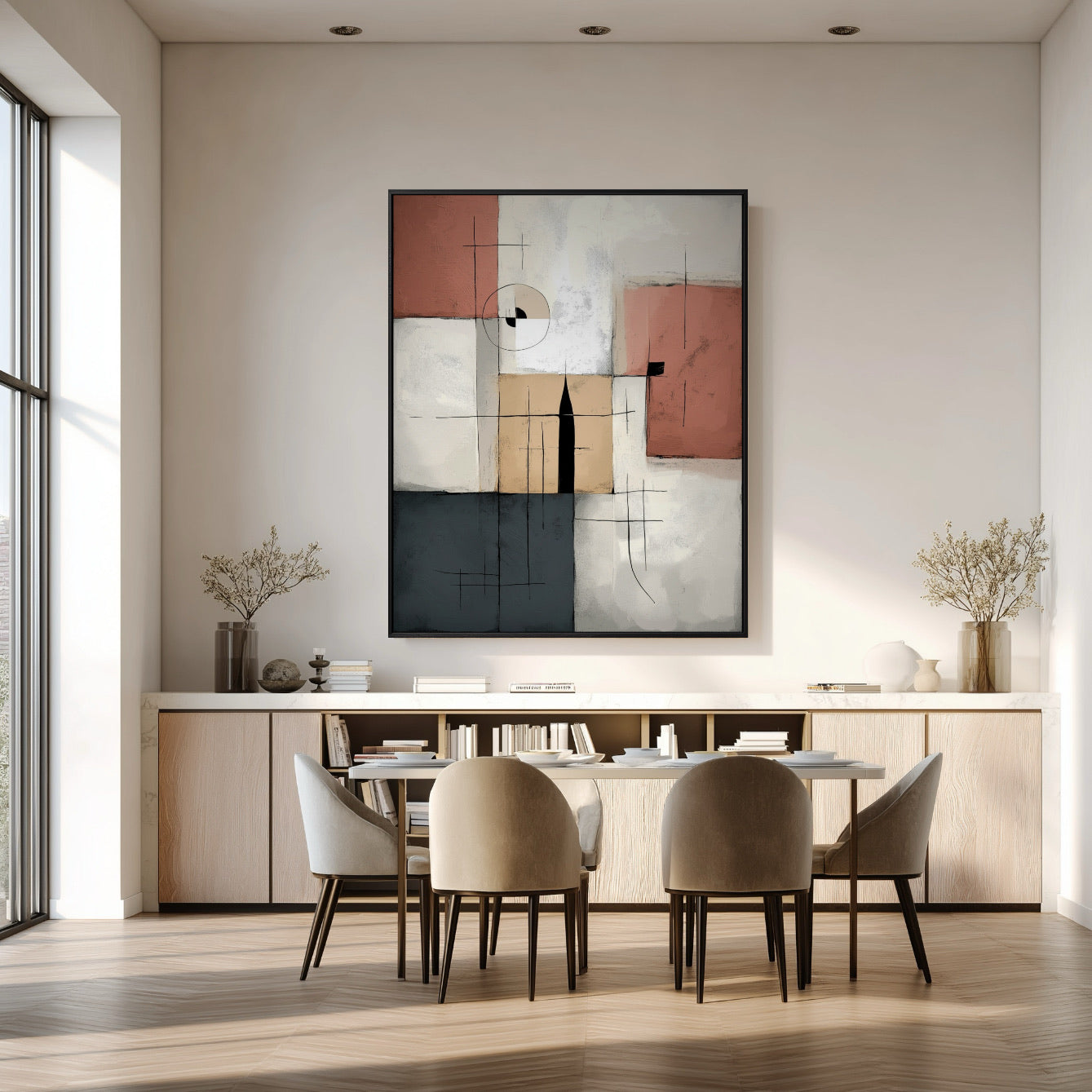 Modern dining room with abstract art on the wall