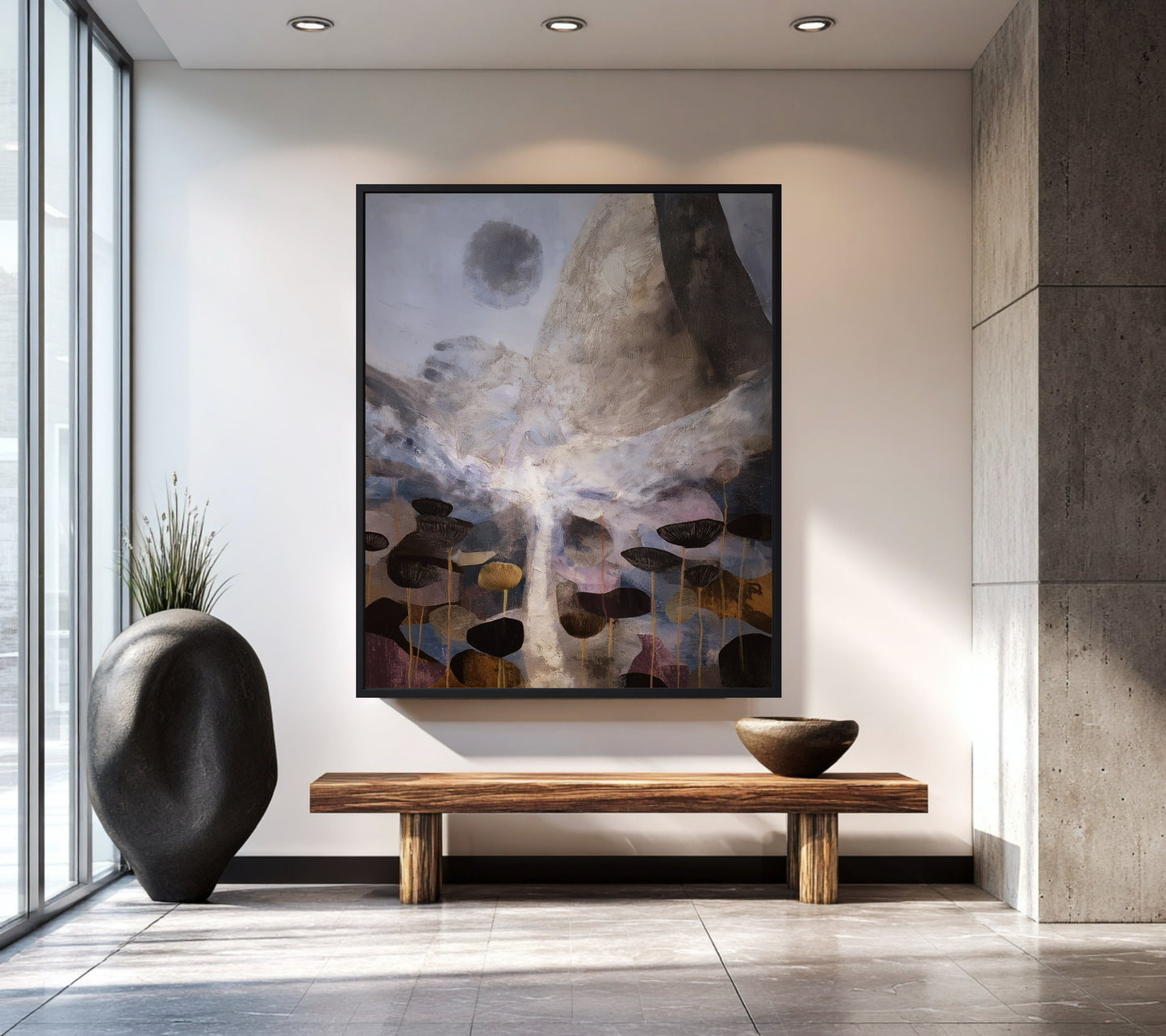 Monumental abstract nature painting complements minimalist entryway, balancing wood, concrete, and black sculptural accents.