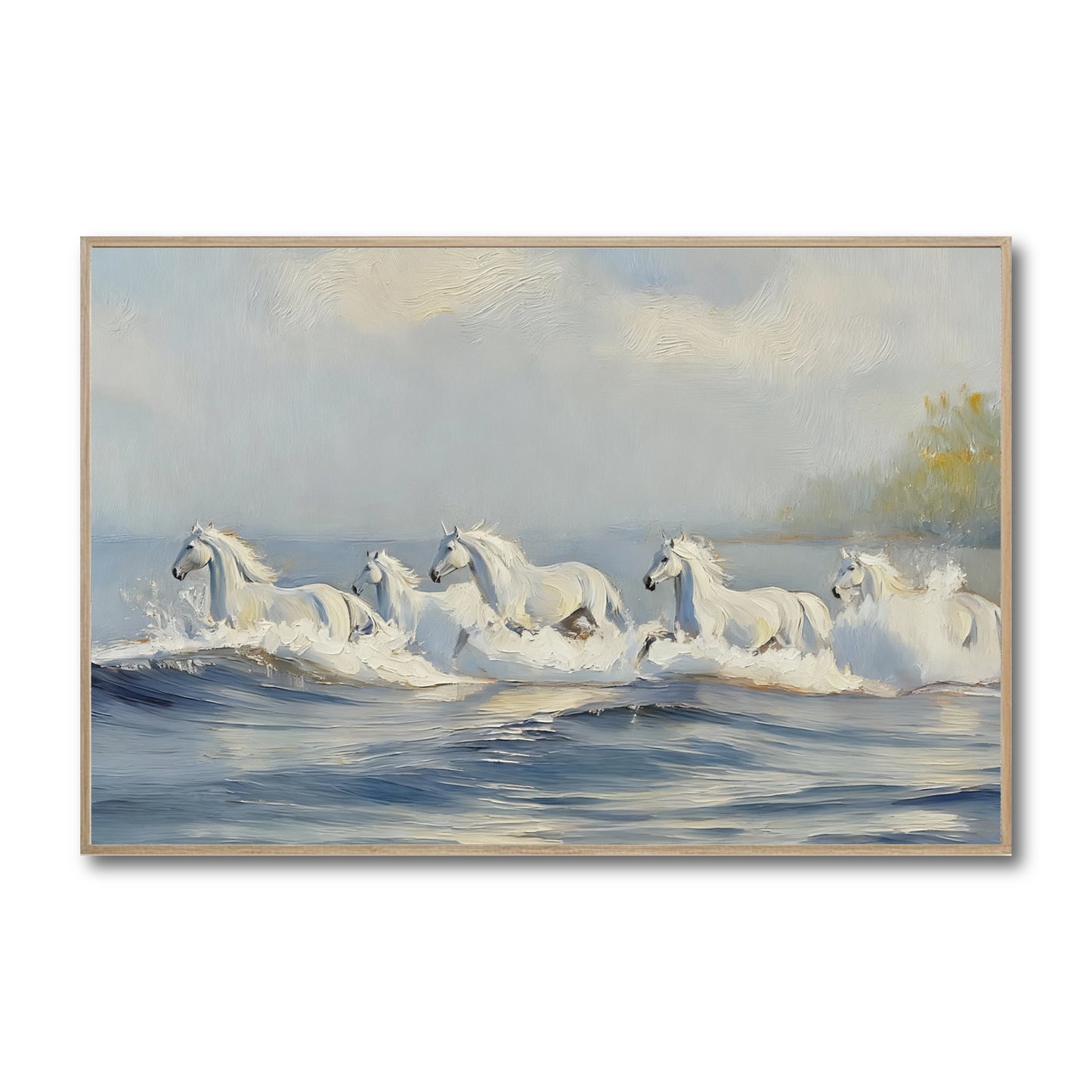 Original oil painting of white horses running in blue ocean waves. Cool, neutral tones and impressionist style evoke freedom.