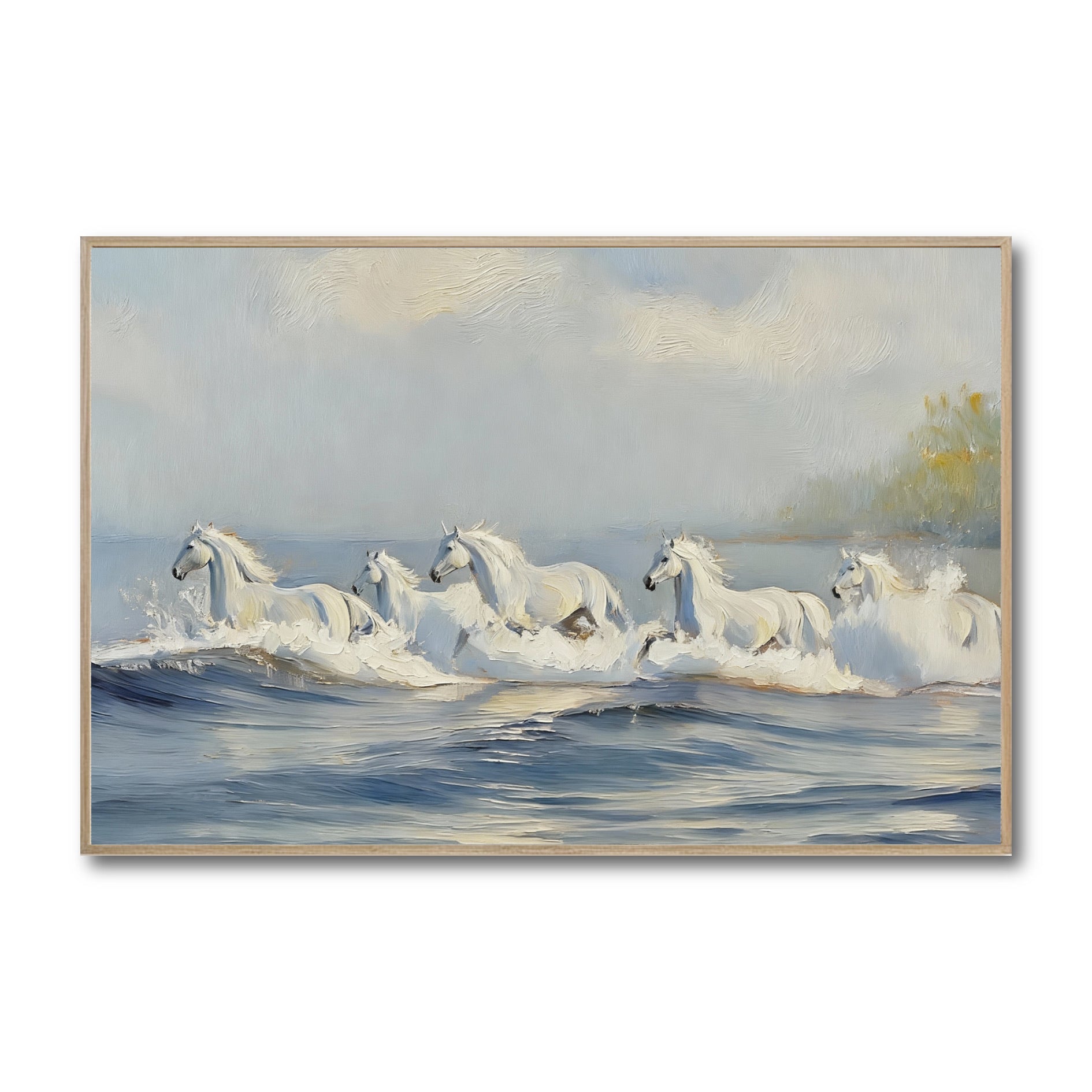 Original oil painting of white horses running in blue ocean waves. Cool, neutral tones and impressionist style evoke freedom.