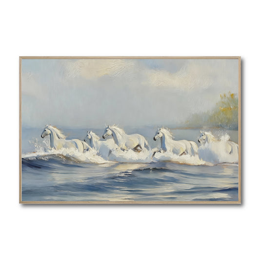 Original oil painting of white horses running in blue ocean waves. Cool, neutral tones and impressionist style evoke freedom.