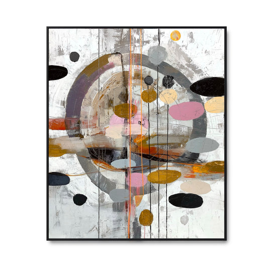 Original abstract painting: a neutral, mixed-media canvas with concentric rings, bold circles, and vertical black lines.