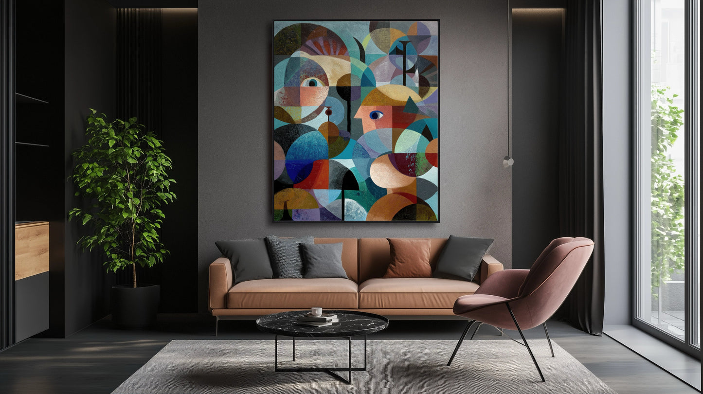Abstract artwork provides a cool, dramatic focal point over a blush sofa in this modern, dark-walled, high-end interior design.