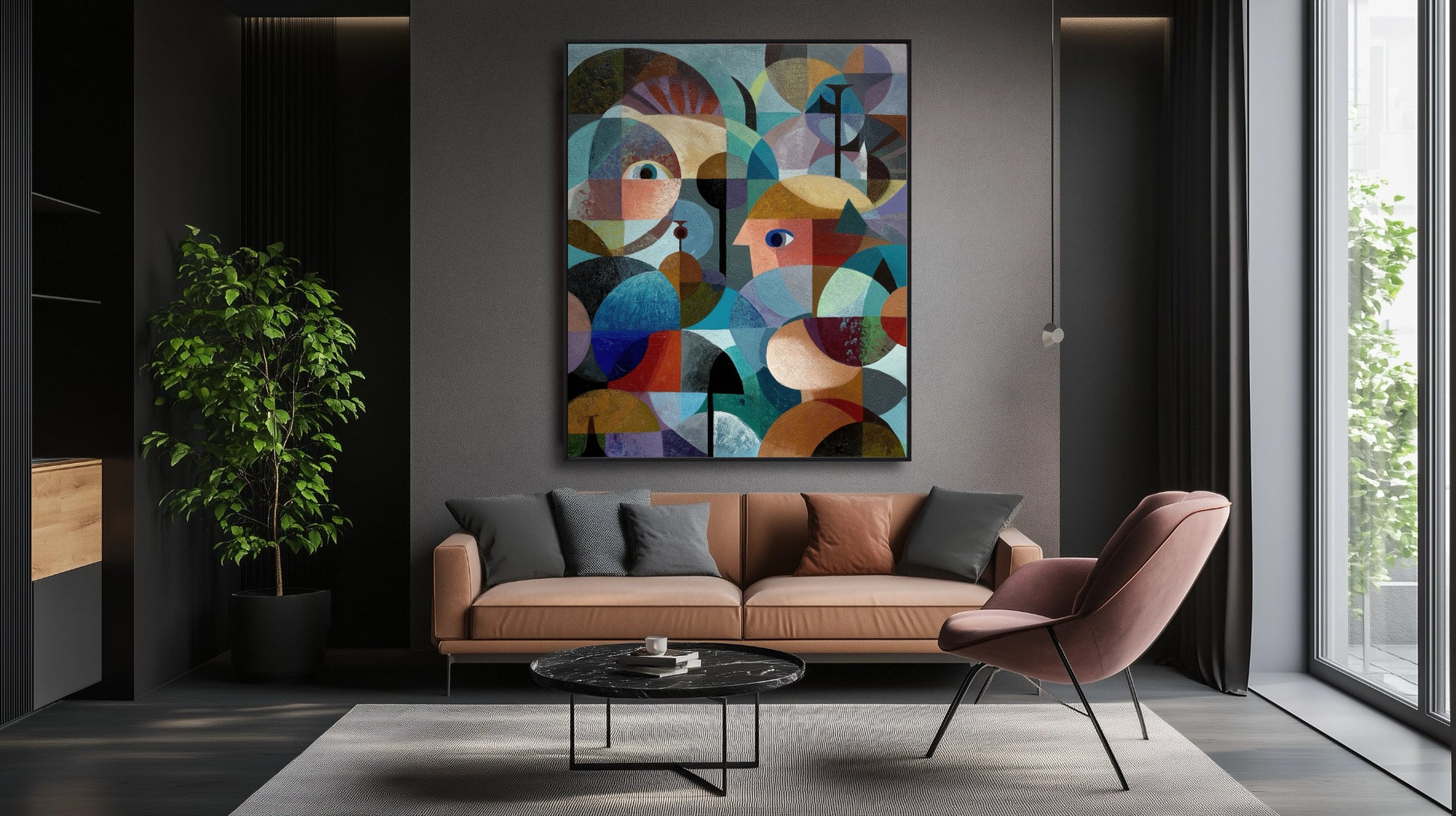 Abstract artwork provides a cool, dramatic focal point over a blush sofa in this modern, dark-walled, high-end interior design.
