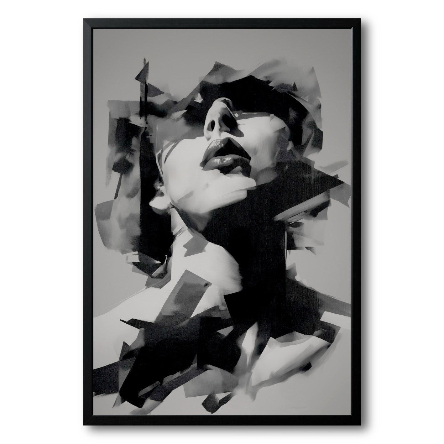 Original framed black and white abstract painting of a woman's face, deconstructed into overlapping geometric shapes.